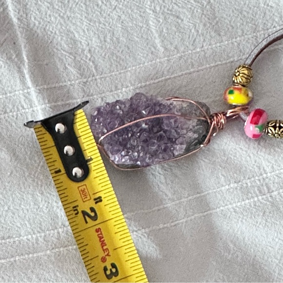 Amethyst Crystalline Wire Wrapped Stone Pendant Necklace Handmade Leather Cord - Picture 3 of 15